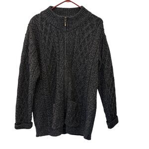 Aran Crafts Men's Merino Wool Grey Cable Knit Full Zip Cardigan Sweater Size L
